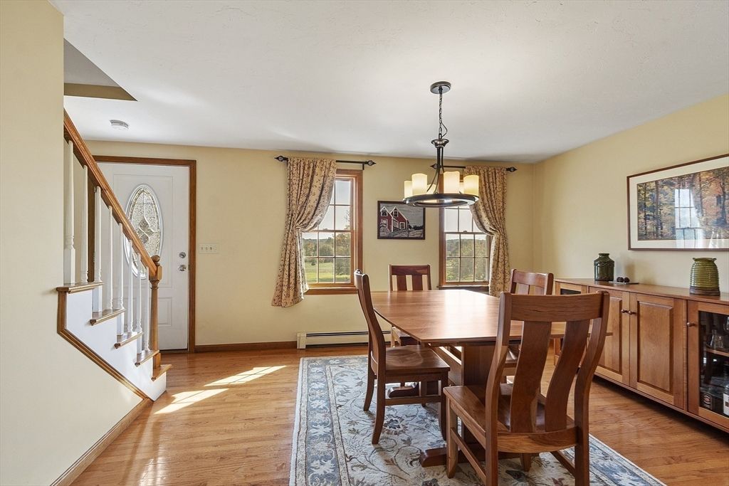 Dining room, Interior, Pendant Lights, Wood Texture Flooring