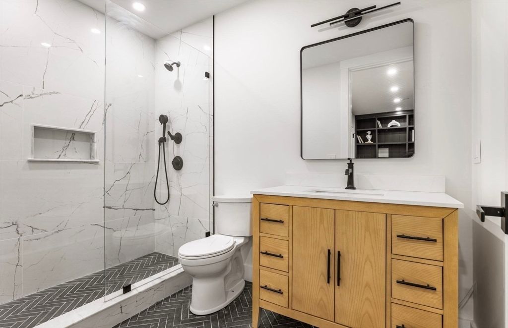 Bathroom, Glass Shower, Interior, Marble Walls, Recessed Lighting