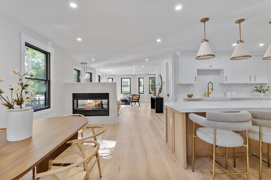 Fireplace, Interior, Kitchen, Pendant Lights, Recessed Lighting, Wood Texture Flooring