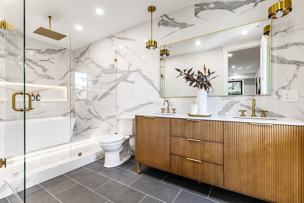 Bathroom, Dual Sink Vanities, Glass Shower, Interior, Marble Walls, Recessed Lighting