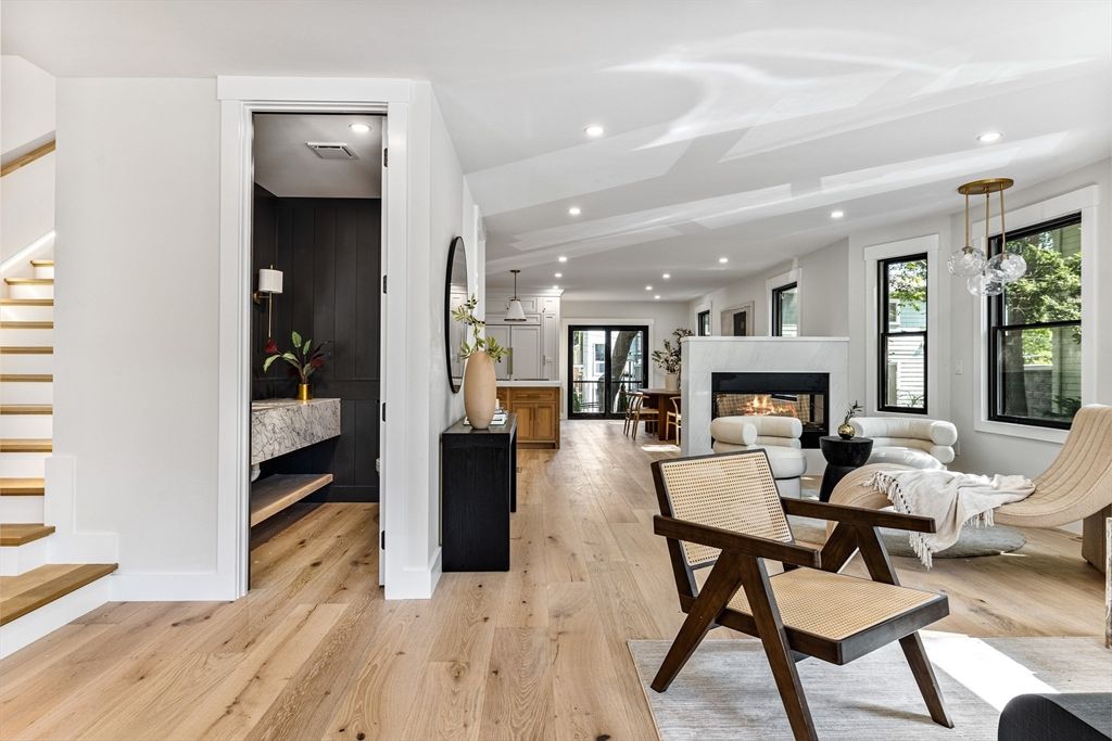 Fireplace, Interior, Living room, Pendant Lights, Recessed Lighting, Wood Texture Flooring