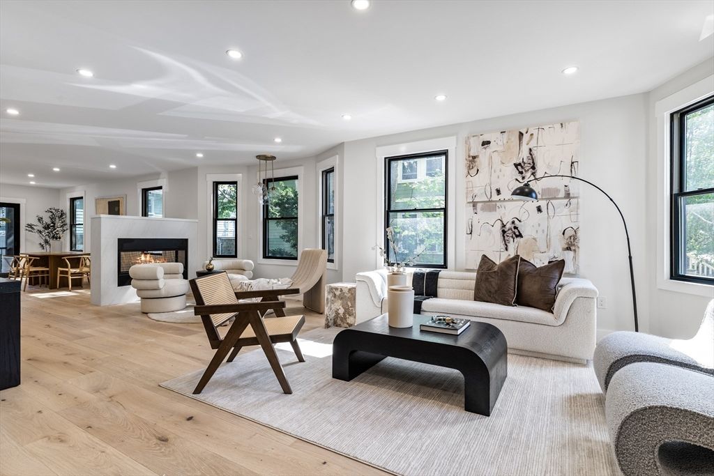Dining room, Fireplace, Interior, Living room, Recessed Lighting, Wood Texture Flooring
