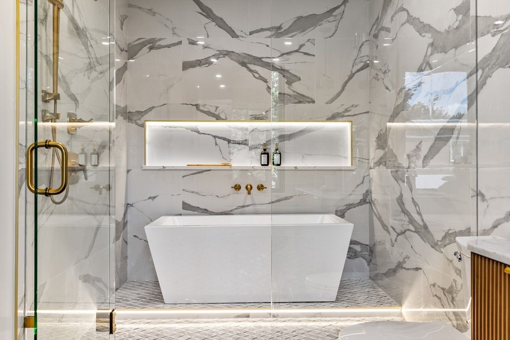 Bathroom, Free Standing Baths, Glass Shower, Interior, Marble Walls