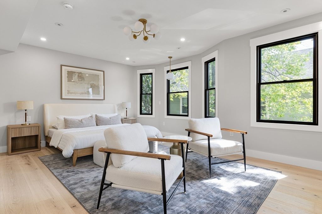 Bedroom, Interior, Pendant Lights, Recessed Lighting, Wood Texture Flooring