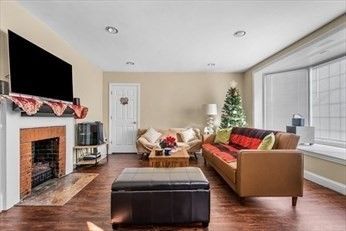 Fireplace, Interior, Living room, Recessed Lighting, Wood Texture Flooring