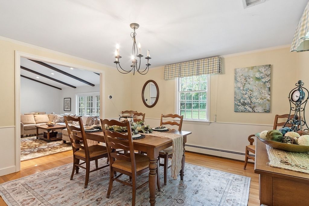Chandelier, Dining room, Interior, Wood Texture Flooring