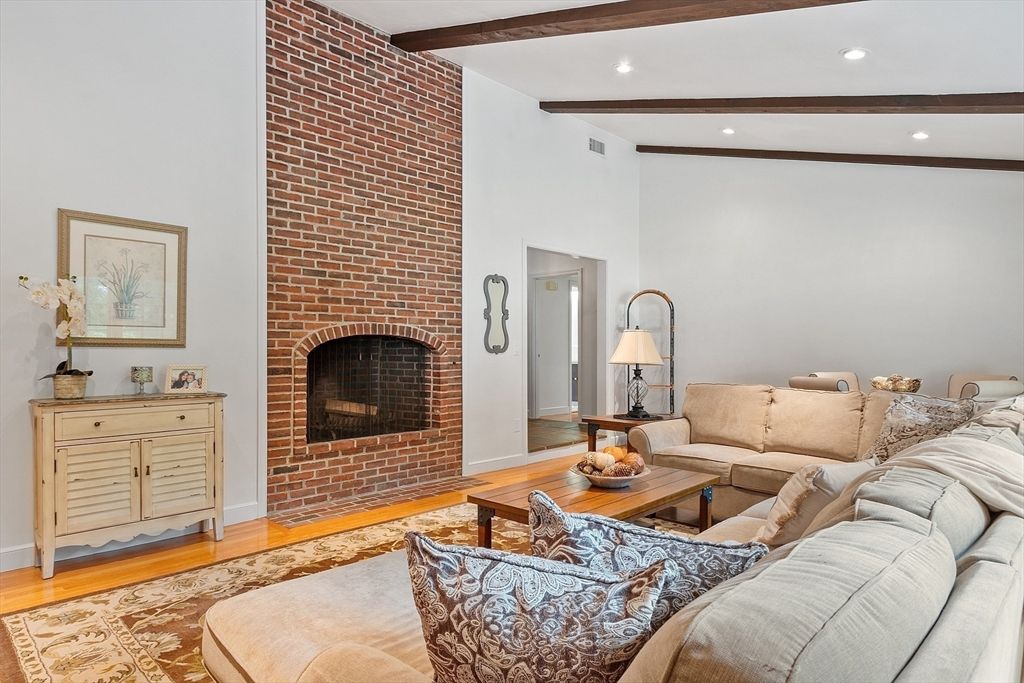 Fireplace, Interior, Living room, Recessed Lighting, Stone Walls, Wooden Beams, Wood Texture Flooring