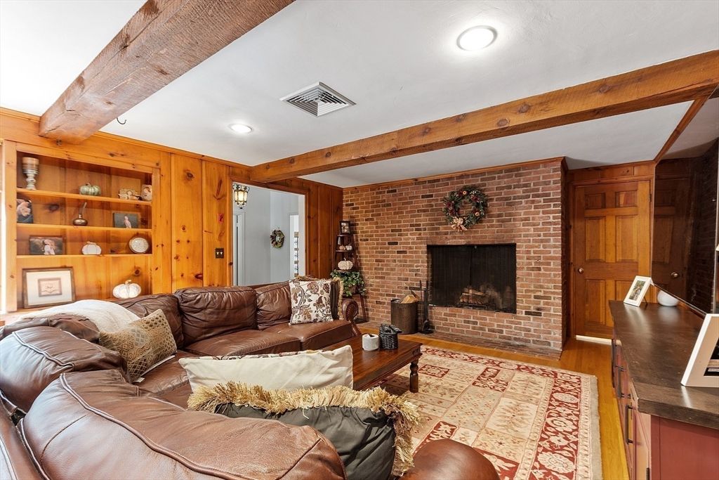 Fireplace, Interior, Living room, Recessed Lighting, Stone Walls, Wooden Beams, Wood Texture Flooring, Wooden Walls