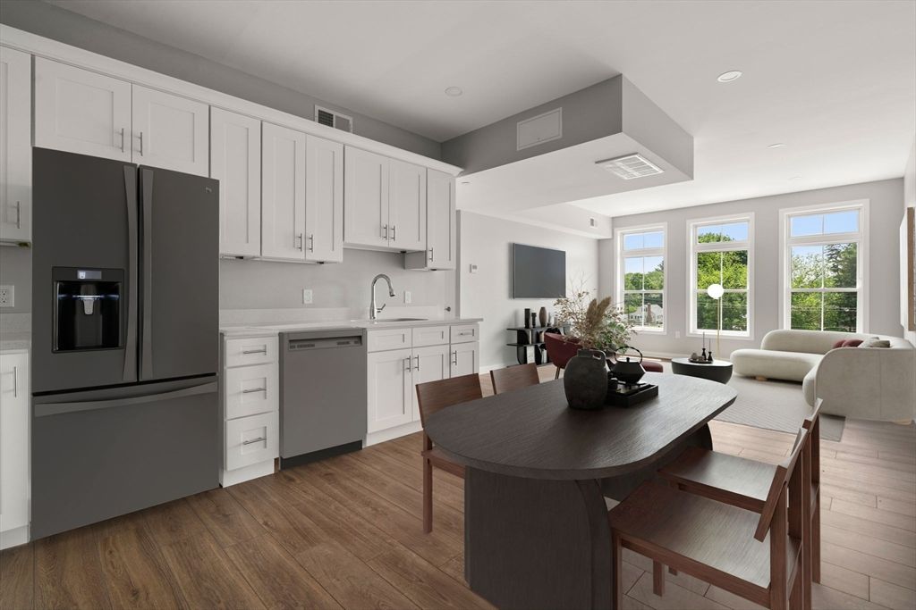 Dining room, Interior, Kitchen, Living room, Recessed Lighting, Wood Texture Flooring