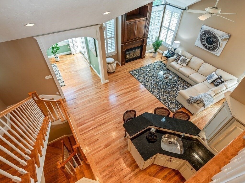Dining room, Fireplace, Interior, Living room, Recessed Lighting, Wood Texture Flooring