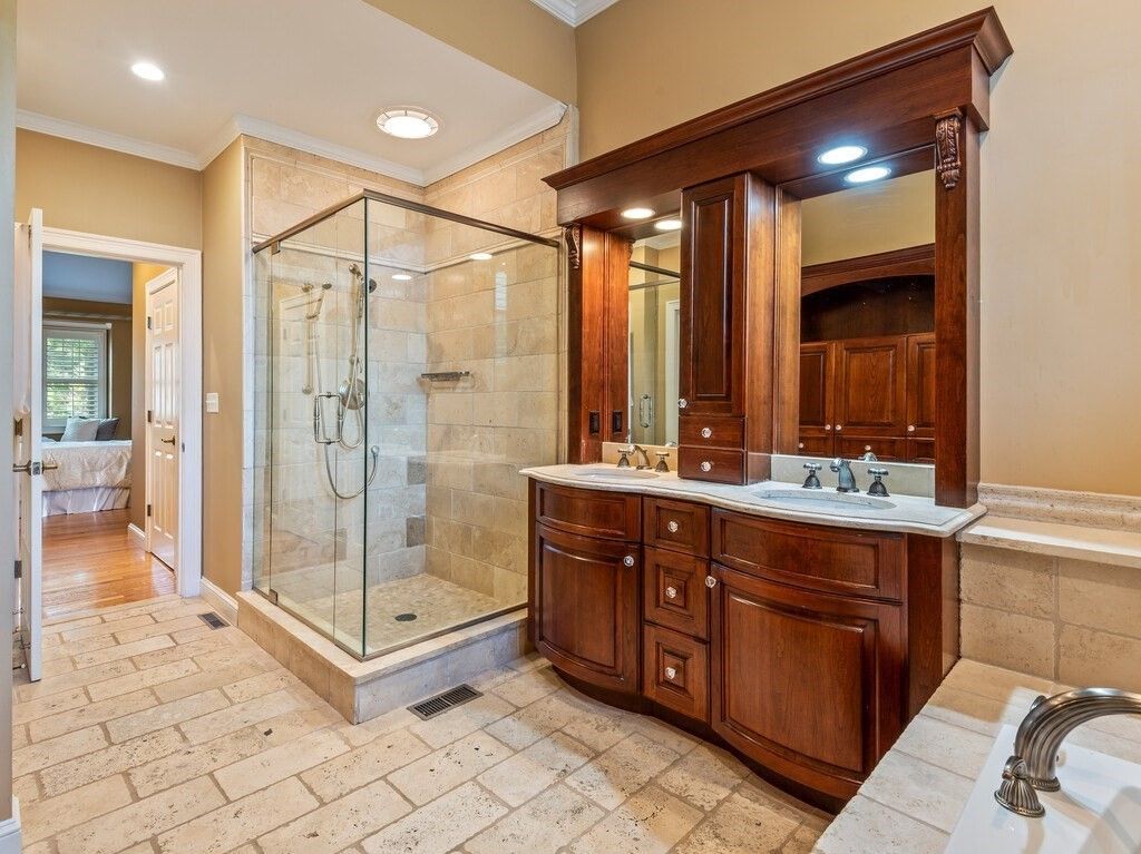 Bathroom, Dual Sink Vanities, Glass Shower, Interior, Recessed Lighting, Wood Texture Flooring