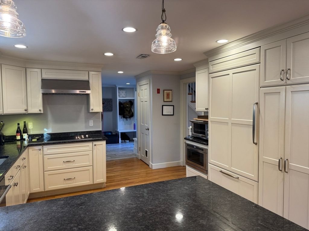 Interior, Kitchen, Pendant Lights, Recessed Lighting, Stainless Steel Appliances, Wood Texture Flooring