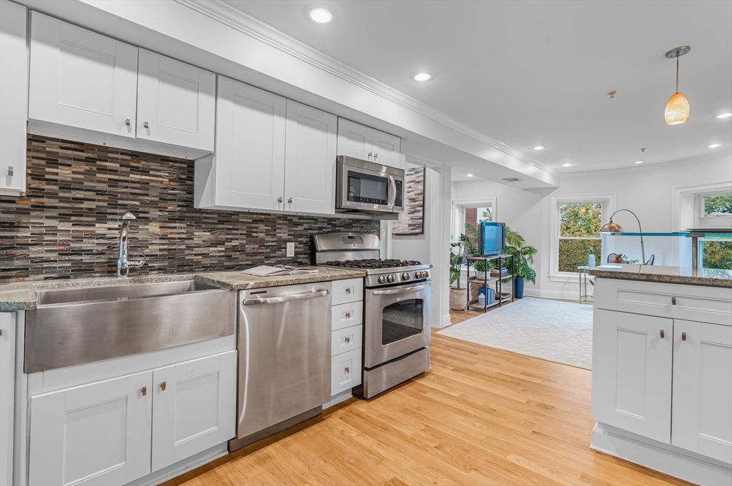 Interior, Kitchen, Pendant Lights, Recessed Lighting, Stainless Steel Appliances, Wood Texture Flooring