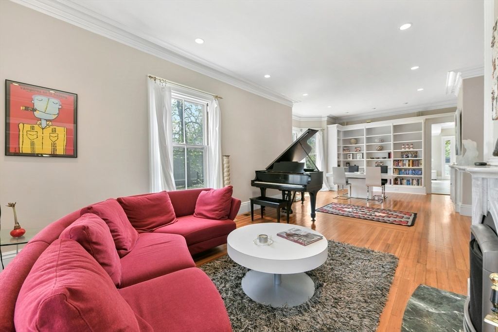 Fireplace, Interior, Living room, Piano, Recessed Lighting, Wood Texture Flooring