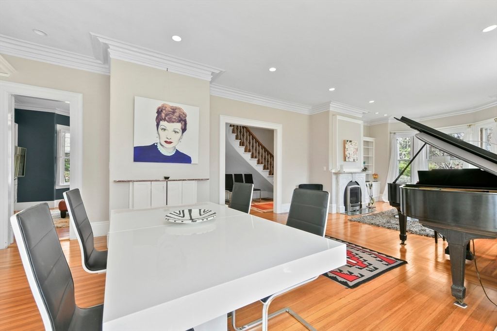 Dining room, Fireplace, Interior, Piano, Recessed Lighting, Wood Texture Flooring