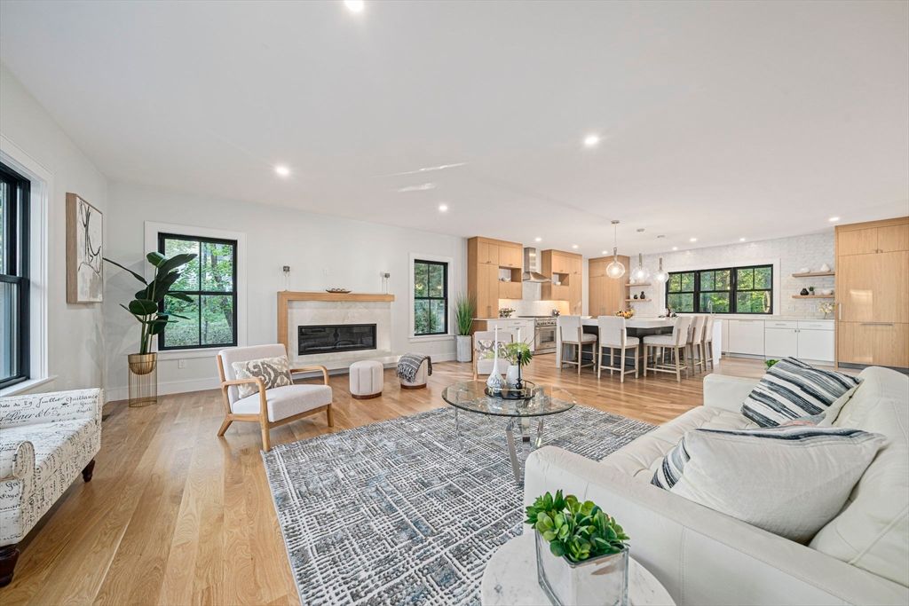 Dining room, Fireplace, Interior, Kitchen, Living room, Pendant Lights, Recessed Lighting, Wood Texture Flooring