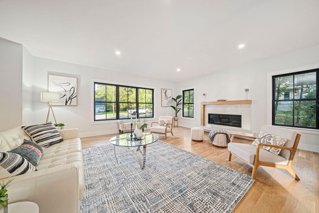 Fireplace, Interior, Living room, Recessed Lighting, Wood Texture Flooring