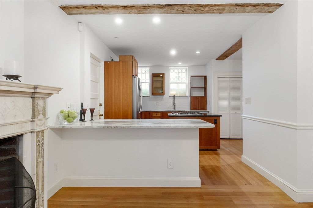 Interior, Kitchen, Recessed Lighting, Wooden Beams, Wood Texture Flooring