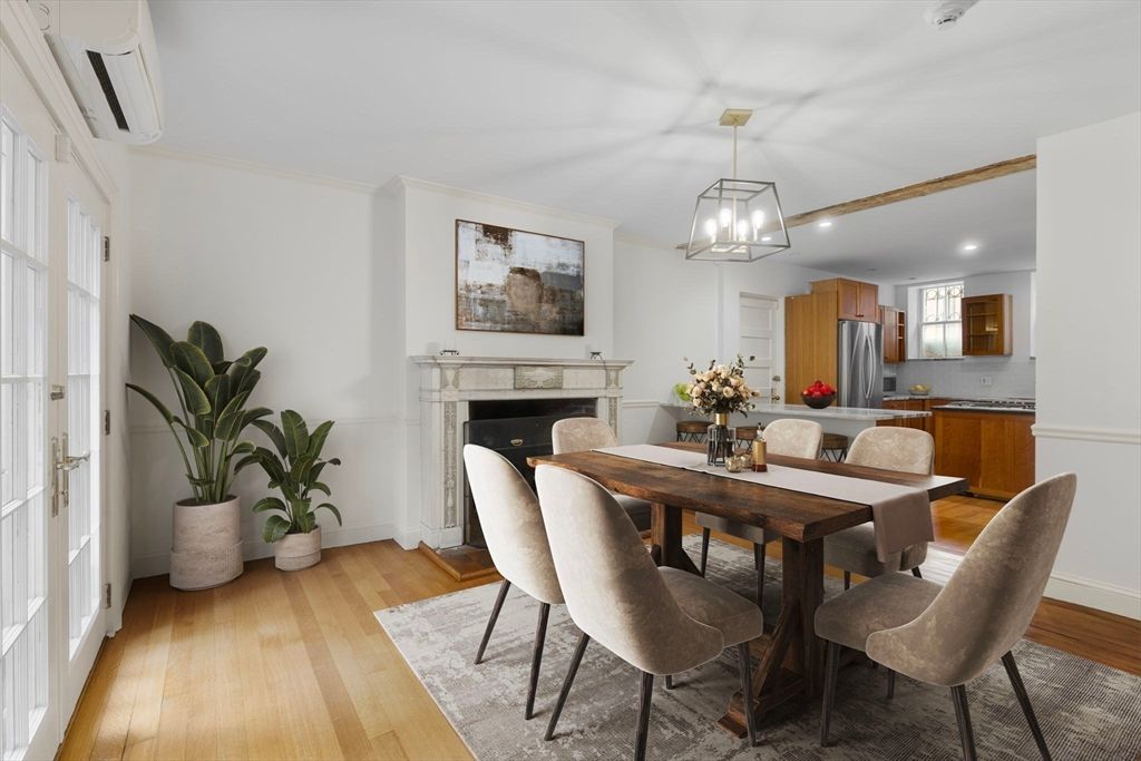 Dining room, Fireplace, Interior, Kitchen, Pendant Lights, Recessed Lighting, Wood Texture Flooring
