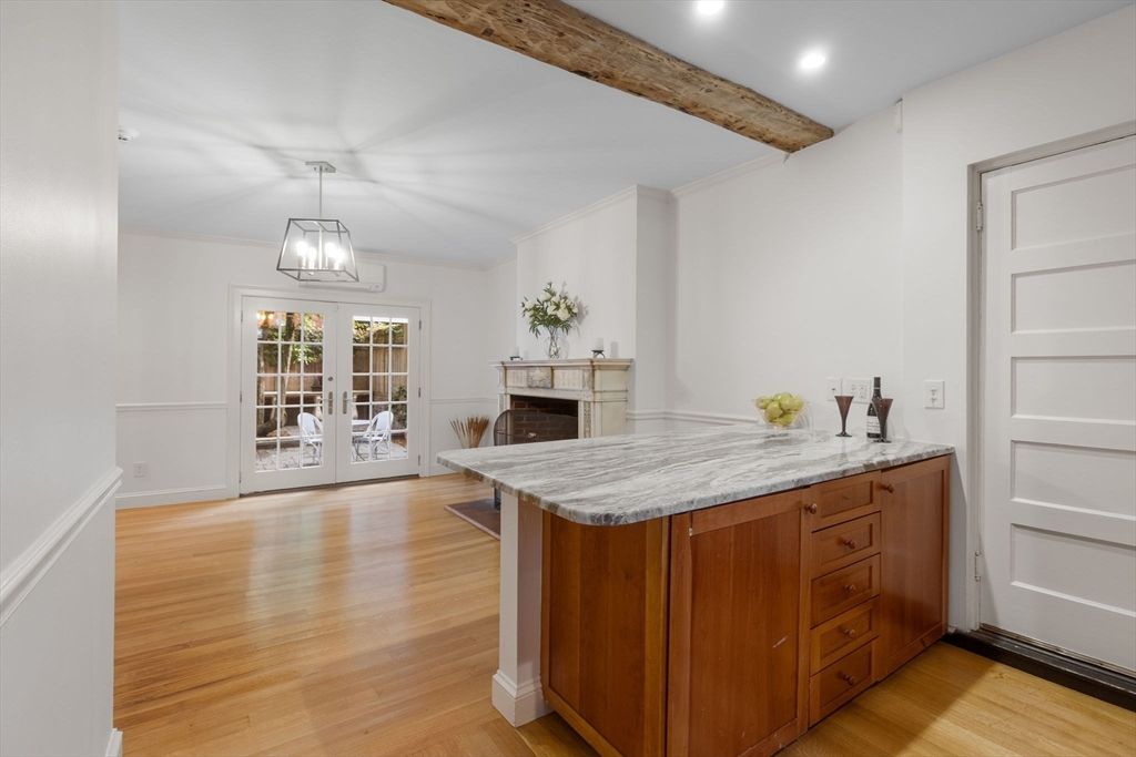 Fireplace, Interior, Pendant Lights, Recessed Lighting, Wooden Beams, Wood Texture Flooring