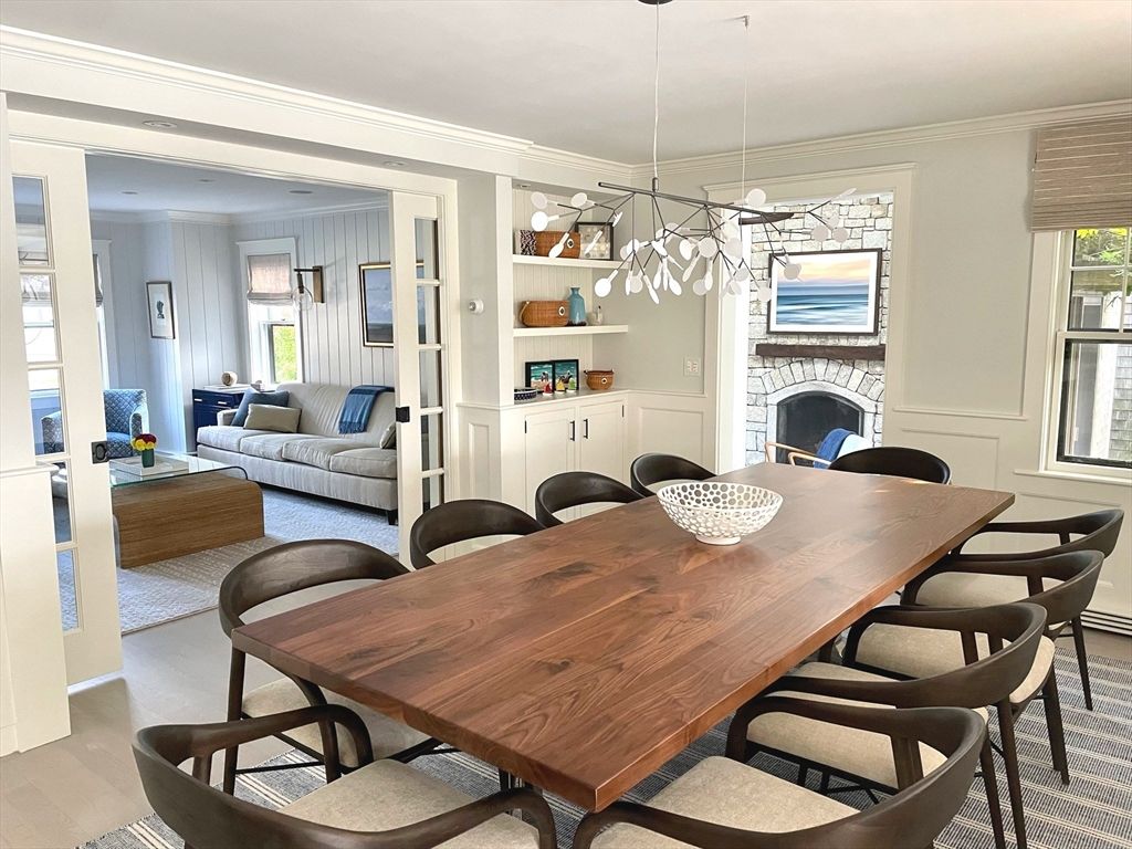 Dining room, Fireplace, Interior, Living room, Pendant Lights, Wood Texture Flooring