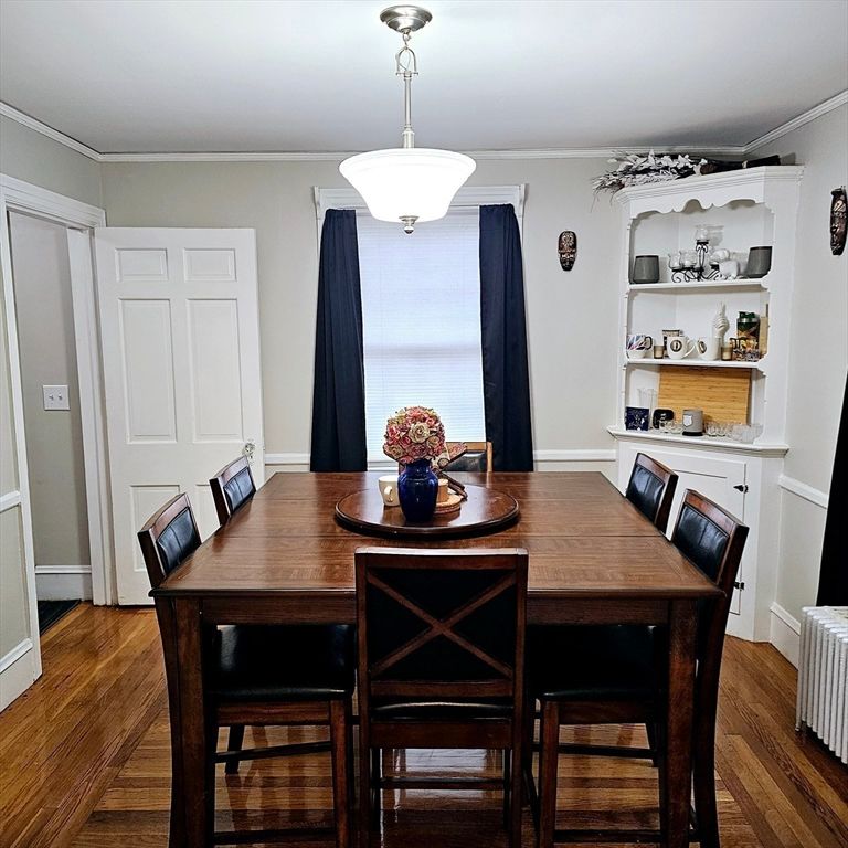 Dining room, Interior, Pendant Lights, Wood Texture Flooring
