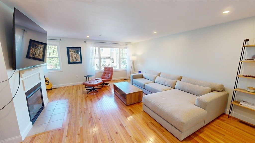 Fireplace, Interior, Living room, Recessed Lighting, Wood Texture Flooring