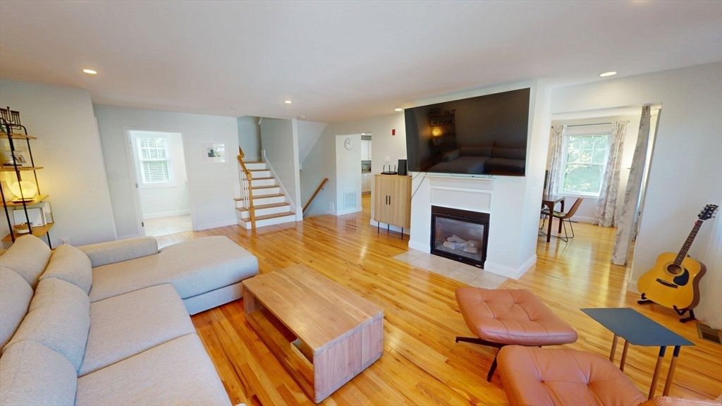 Fireplace, Interior, Living room, Recessed Lighting, Wood Texture Flooring