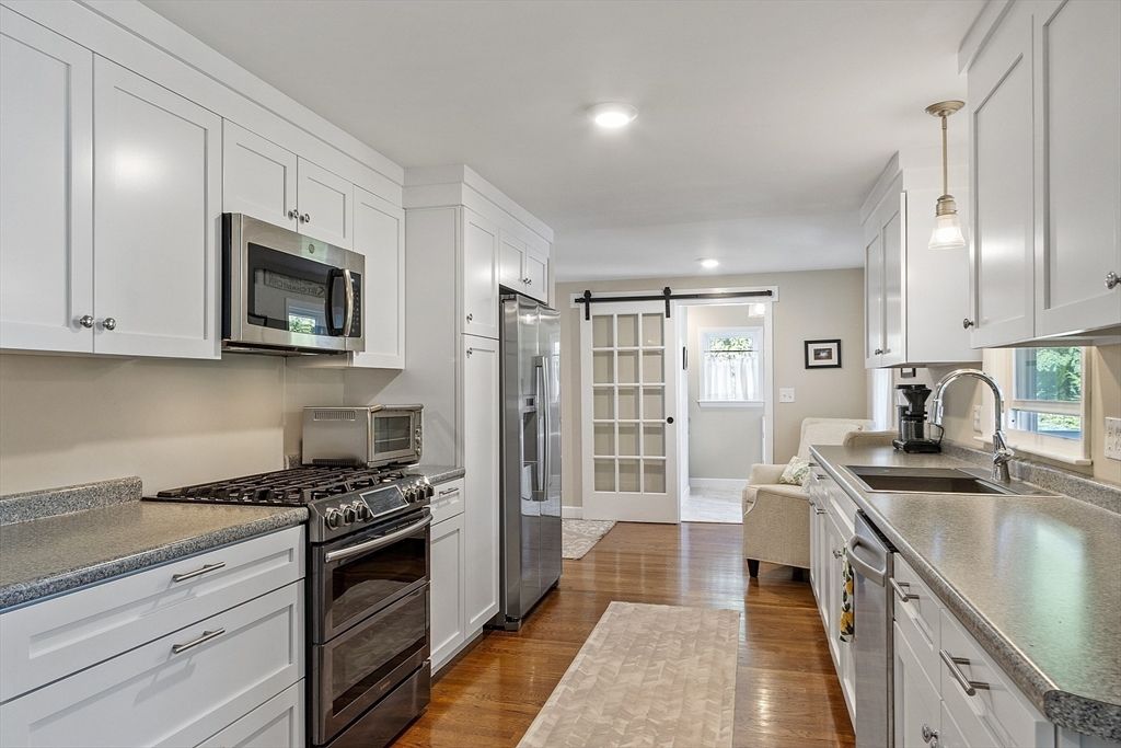 Interior, Kitchen, Pendant Lights, Recessed Lighting, Stainless Steel Appliances, Wood Texture Flooring