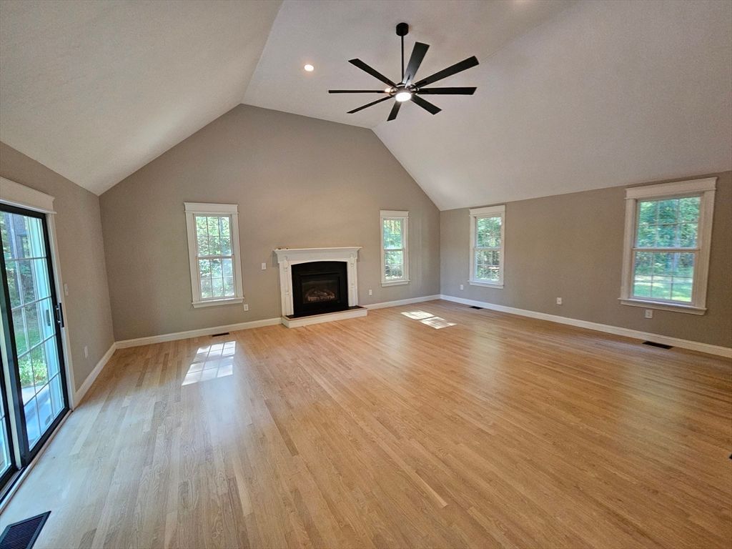 Empty room, Fireplace, Interior, Recessed Lighting, Wood Texture Flooring