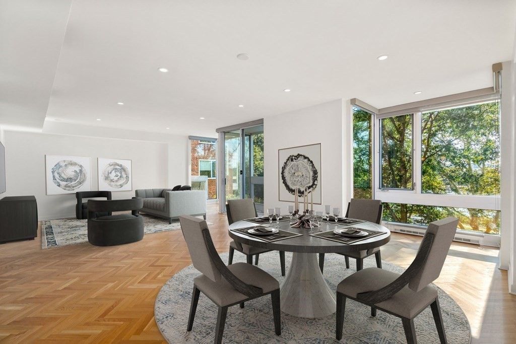 Dining room, Interior, Living room, Recessed Lighting, Wood Texture Flooring