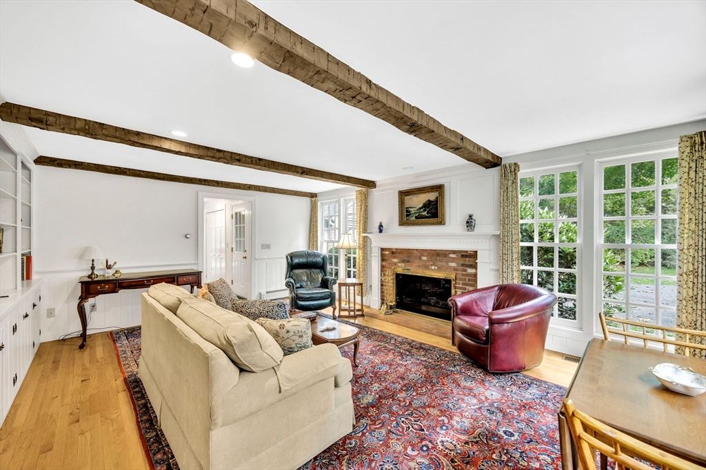 Fireplace, Interior, Living room, Recessed Lighting, Wooden Beams, Wood Texture Flooring