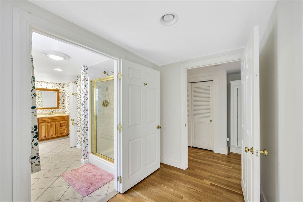 Bathroom, Glass Shower, Interior, Recessed Lighting, Wood Texture Flooring