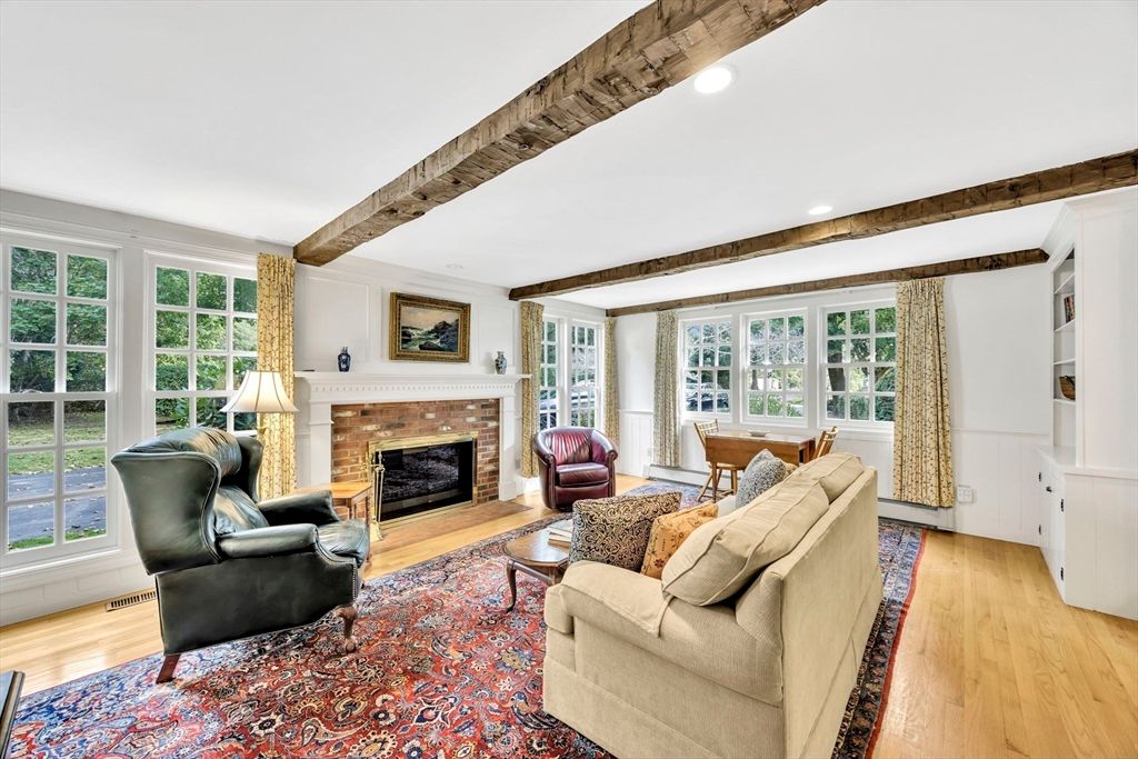 Fireplace, Interior, Living room, Recessed Lighting, Wooden Beams, Wood Texture Flooring