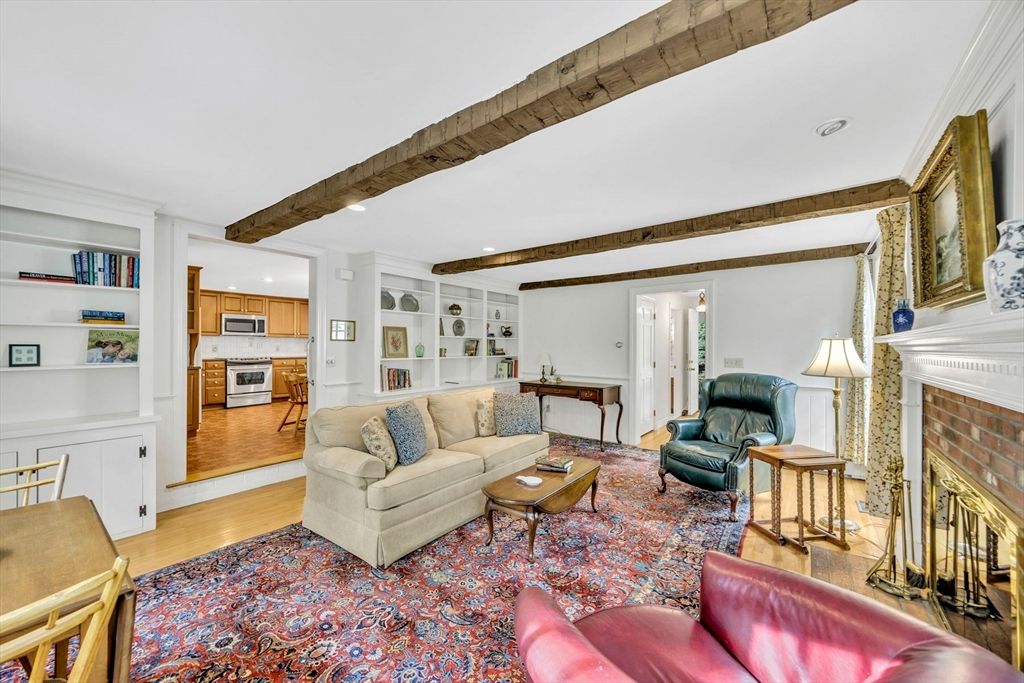 Fireplace, Interior, Kitchen, Living room, Recessed Lighting, Stainless Steel Appliances, Stone Walls, Wooden Beams, Wood Texture Flooring