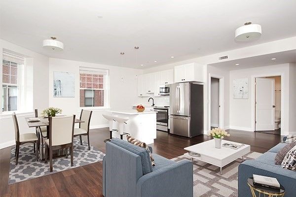 Dining room, Interior, Kitchen, Living room, Pendant Lights, Recessed Lighting, Stainless Steel Appliances, Wood Texture Flooring