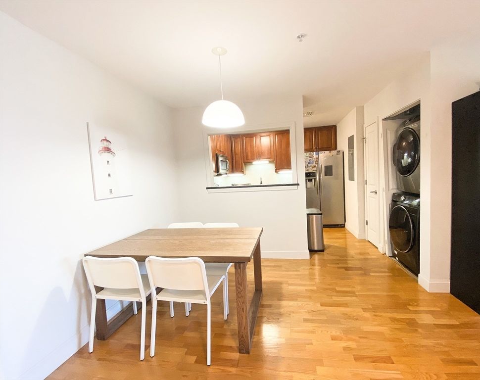 Dining room, Interior, Kitchen, Pendant Lights, Washer, Wood Texture Flooring