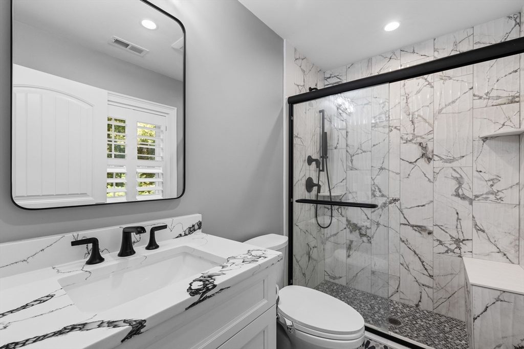 Bathroom, Glass Shower, Interior, Marble Walls, Recessed Lighting