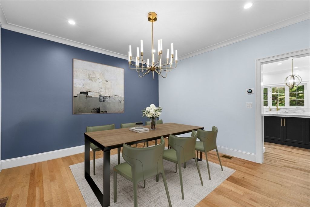 Chandelier, Dining room, Interior, Pendant Lights, Recessed Lighting, Wood Texture Flooring