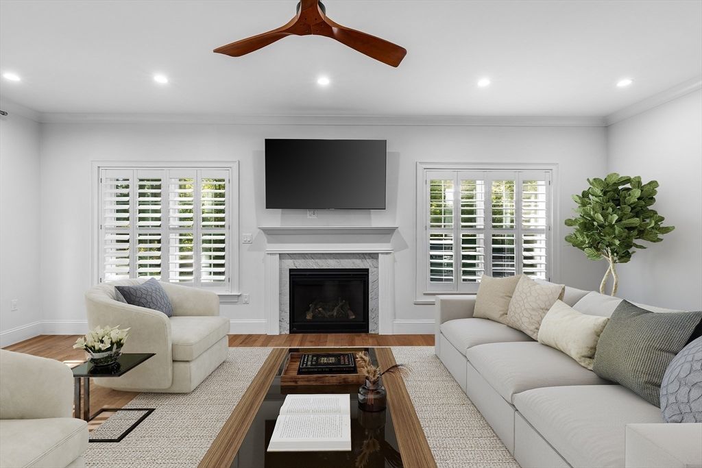 Fireplace, Interior, Living room, Recessed Lighting, Wood Texture Flooring