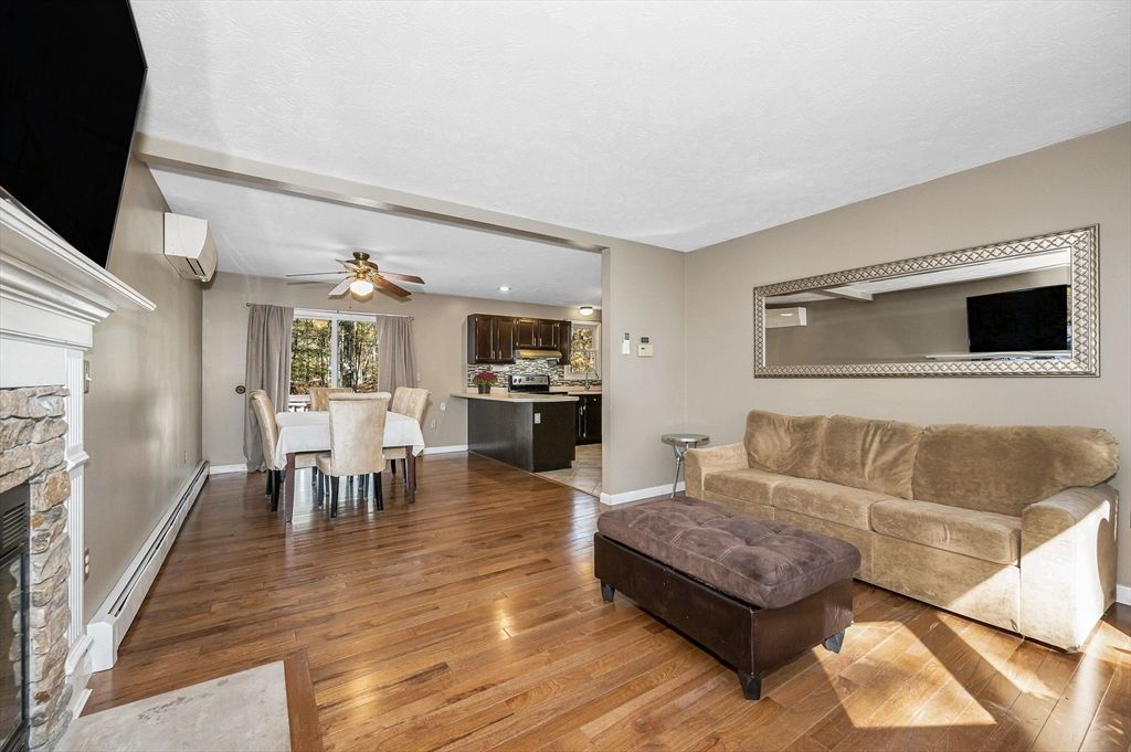 Dining room, Fireplace, Interior, Kitchen, Living room, Recessed Lighting, Wood Texture Flooring