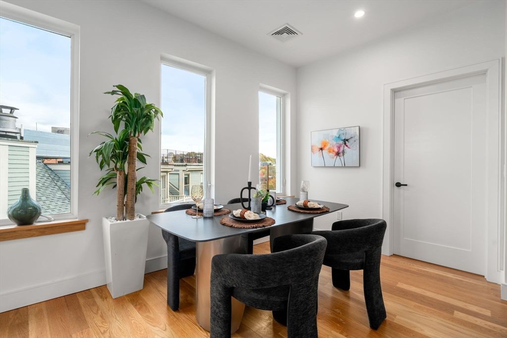 Dining room, Interior, Recessed Lighting, Wood Texture Flooring