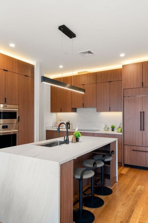 Interior, Kitchen, Pendant Lights, Recessed Lighting, Stainless Steel Appliances, Wood Texture Flooring