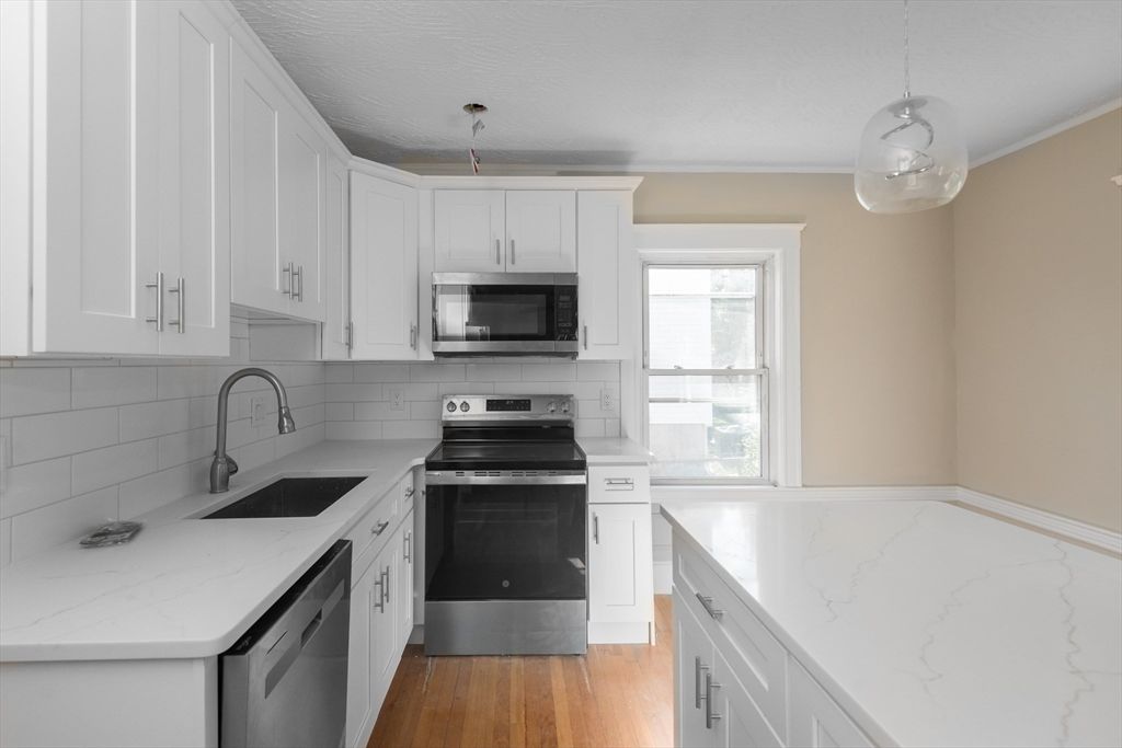 Interior, Kitchen, Pendant Lights, Stainless Steel Appliances, Wood Texture Flooring