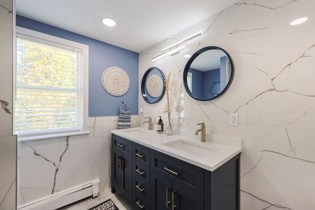 Bathroom, Dual Sink Vanities, Interior, Marble Walls, Recessed Lighting