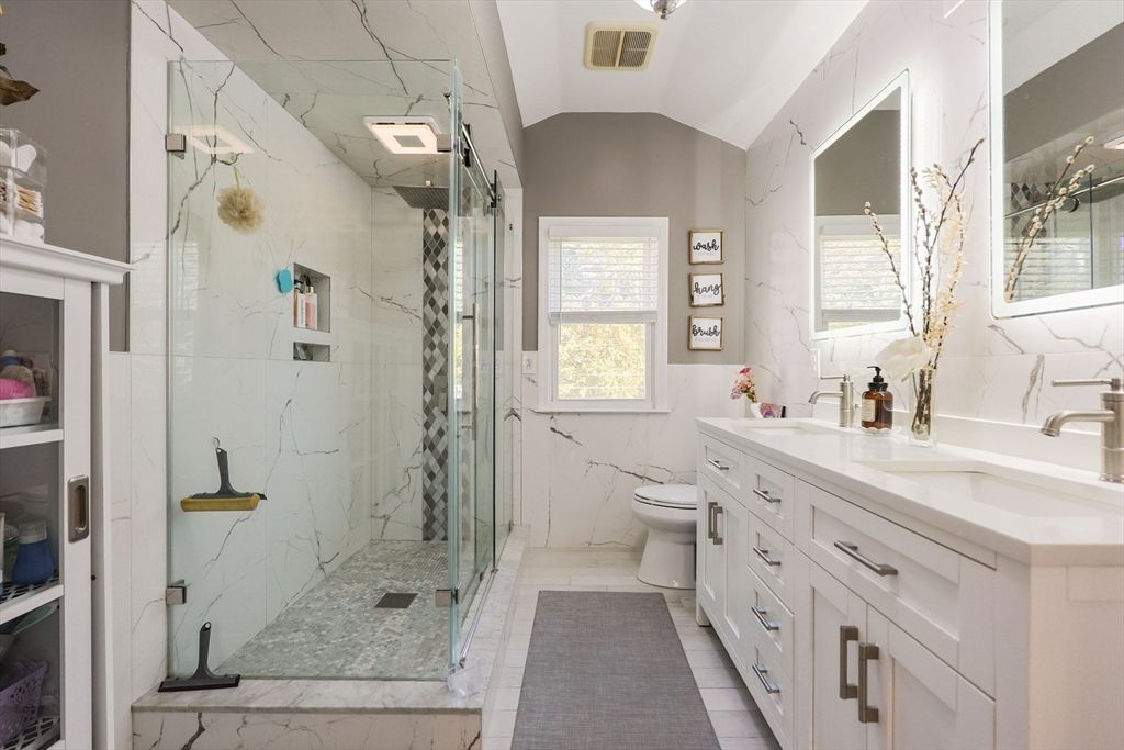 Bathroom, Dual Sink Vanities, Glass Shower, Interior, Marble, Marble Walls