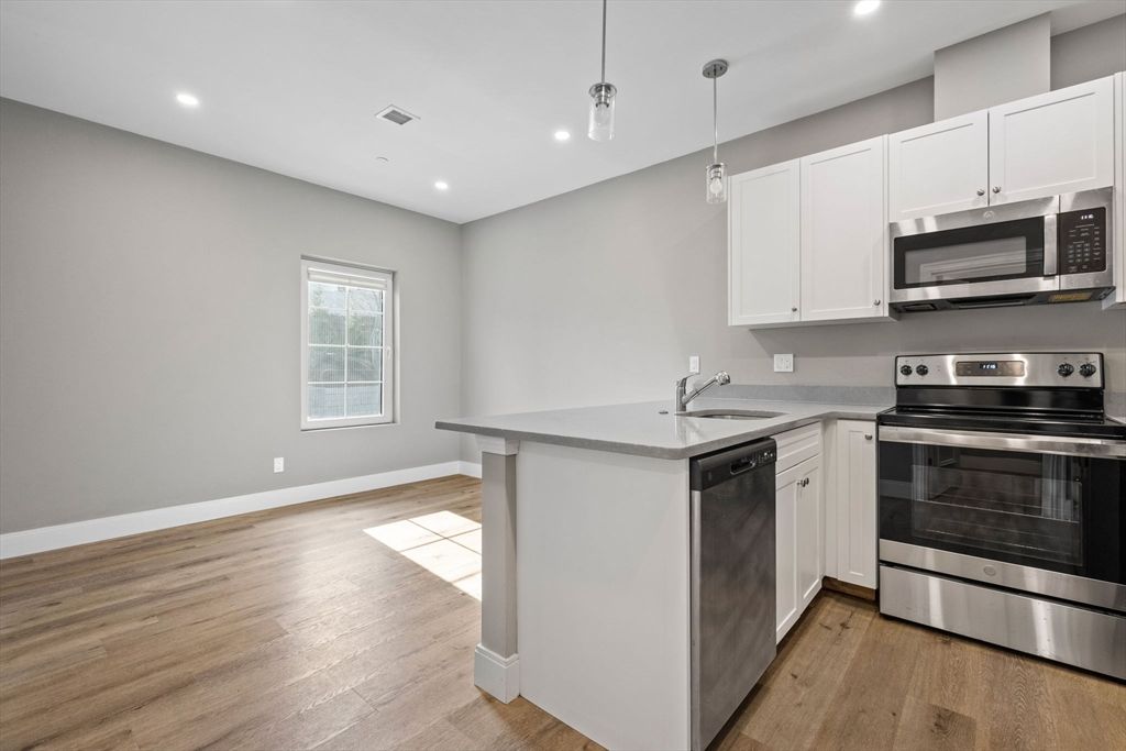 Interior, Kitchen, Pendant Lights, Recessed Lighting, Stainless Steel Appliances, Wood Texture Flooring