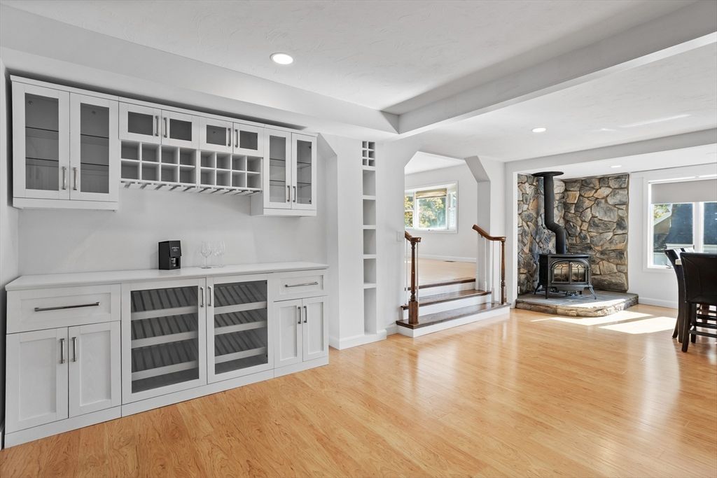 Fireplace, Interior, Recessed Lighting, Stone Walls, Wood Texture Flooring