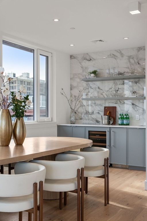 Dining room, Interior, Marble Walls, Recessed Lighting, Wood Texture Flooring