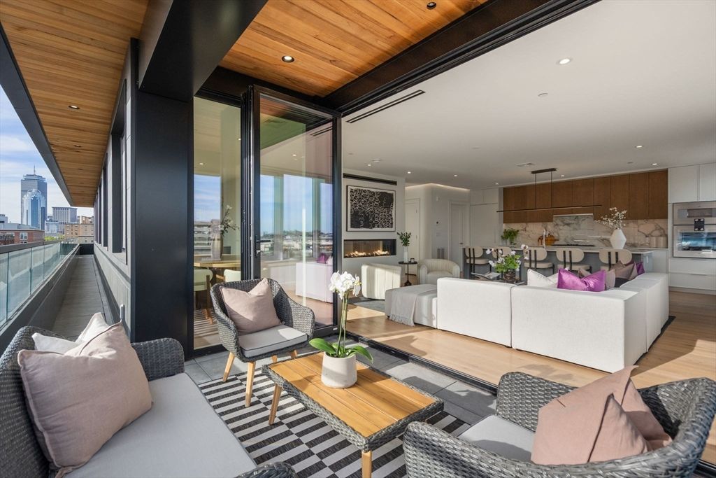 Dining room, Interior, Kitchen, Living room, Recessed Lighting, Stainless Steel Appliances, Wooden Ceilings, Wood Texture Flooring